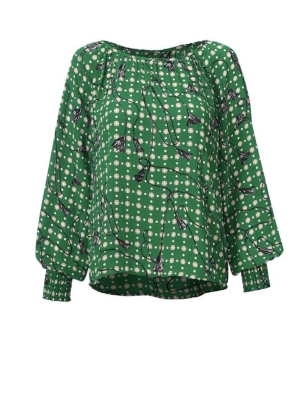 Cabi Women's Voyage Blouse Top Geometric Tassel Print Green